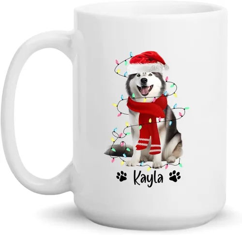 Taza personalizada de Alaskan Malamute – Taza de café personalizada con nombre para los amantes de los perros – Regalo de cerámica de Navidad para