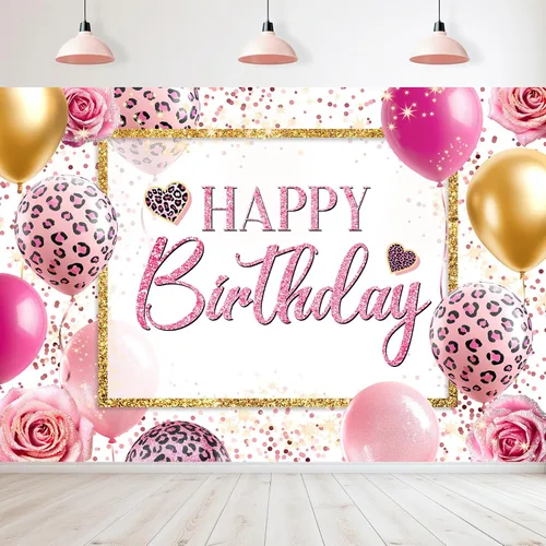 Miniatura 17 de Telón de fondo de feliz cumpleaños negro y rosa de 7 pulgadas de ancho x 5 pies de alto, tela de poliéster, globos de lazo femenino, pastel