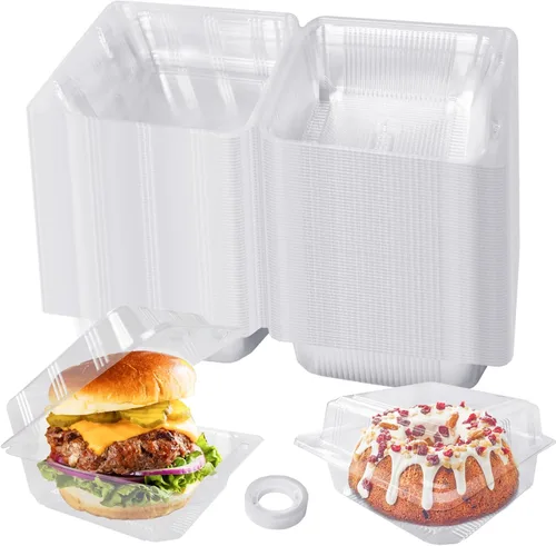 Haawooky 100 Piezas Recipientes de Comida Cuadrados de Plástico Transparente con Bisagras, Bandeja Desechable tipo Concha para Rebanadas de Pastel