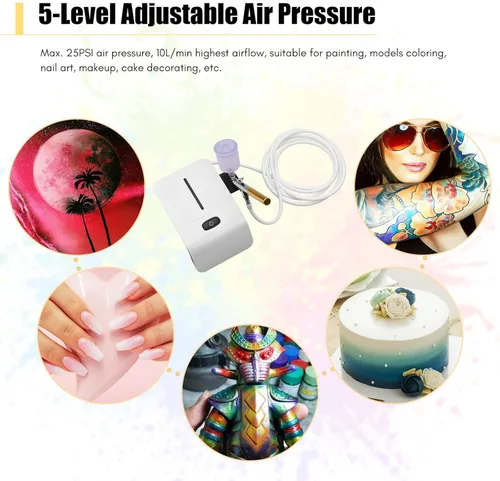 Miniatura 5 de Kit de aerógrafo con compresor, juego de cepillos de aire de mano, presión ajustable de 5 niveles de doble acción con 2 vasos de pintura