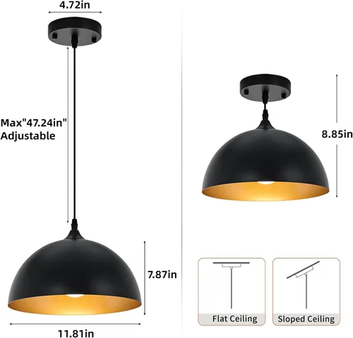 Miniatura 5 de Iluminación colgante de granja para isla de cocina, lámparas colgantes de cúpula negra y dorada, lámpara de techo colgante industrial para comedor