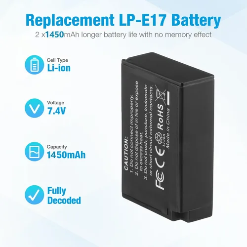 Miniatura 2 de Paquete de 2 baterías LP-E17 y cargador USB dual rápido para Canon Eos RP, Eos R8, R10, R50, R100, Rebel T8i, T7i, T6i, T6s, SL2, SL3, EOS M3, M5