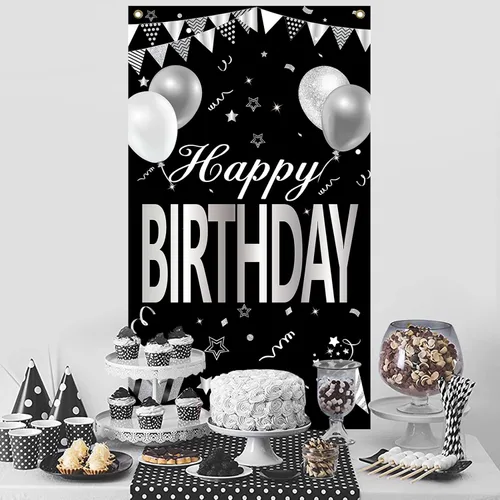 Miniatura 3 de Cartel de feliz cumpleaños negro y blanco plateado para hombres y mujeres, cubierta de puerta de feliz cumpleaños, suministros de fiesta, póster