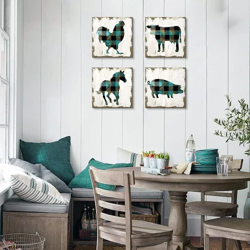 Miniatura 3 de SEVEN WALL ARTS 4 piezas de arte familiar retro de granja de moda, gallo de vaca, caballo y cerdo, impresiones de animales vintage, pintura verde