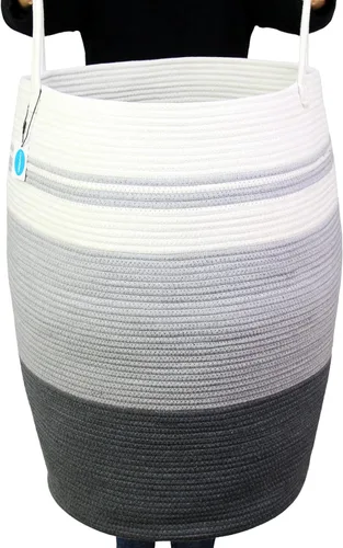 Miniatura 11 de Casaphoria Cesta de cuerda de algodón XXXL para sala de estar, cesta de almacenamiento tejida con asa larga para mantas, toallas y almohadas, cesta