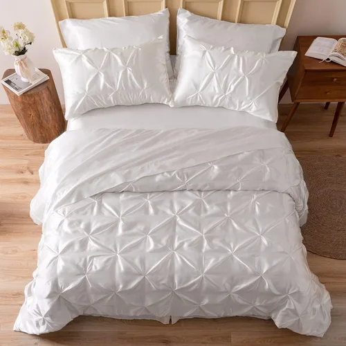 Miniatura 23 de MR&HM Juego de ropa de cama con edredón satinado King de 7 piezas - Juego de cama lujoso con pliegues, con edredón, sábana plana, sábana ajustada