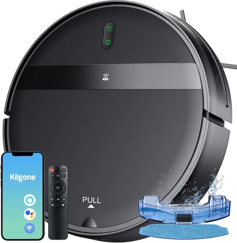 Kilgone Robot aspiradora y trapeador combinado para pelo de mascotas y hogares, control de aplicación/voz, succión sin enredos y evita 3D Negro ónix