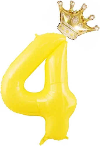 Globos amarillos grandes de 40 pulgadas con corona, globos de helio de aluminio número 4, decoraciones de 4º cumpleaños, suministros de fiesta de