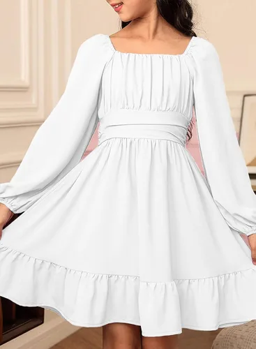 Miniatura 5 de blibean - Vestido de manga larga con lazo en la espalda para niñas y preadolescentes, vestido de otoño con hombros descubiertos, tallas para 6-15