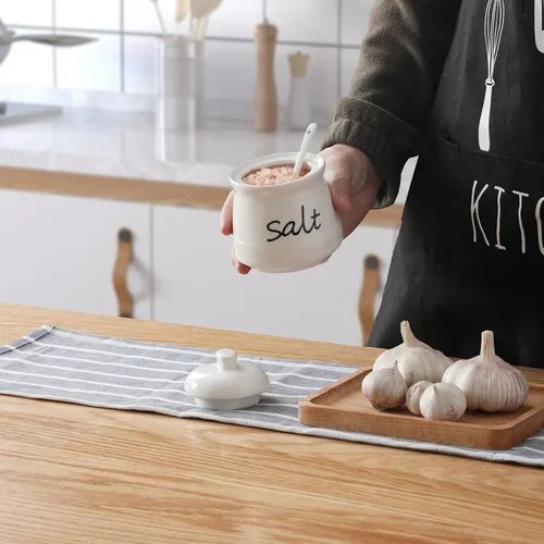 Miniatura 2 de ONTUBE Tazón de sal de cerámica con tapa y cuchara 12oz (beige)