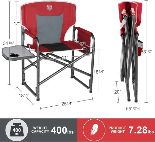 Miniatura 3 de TIMBER RIDGE Silla de camping de aluminio extra grande, silla de director portátil y ligera con mesa auxiliar, bolsillo lateral desmontable para Rojo