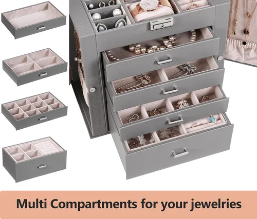Miniatura 4 de BEWISHOME Joyero grande de 5 niveles organizador de joyas con espejo de cerradura para mujeres y niñas cajas de joyería para collares anillos aretes