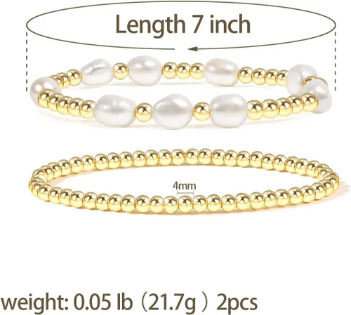 Miniatura 2 de Pulseras de cuentas de oro para mujer, perlas barrocas apilables, chapadas en oro de 14 quilates, pulsera de bolas elásticas para regalo de joyería