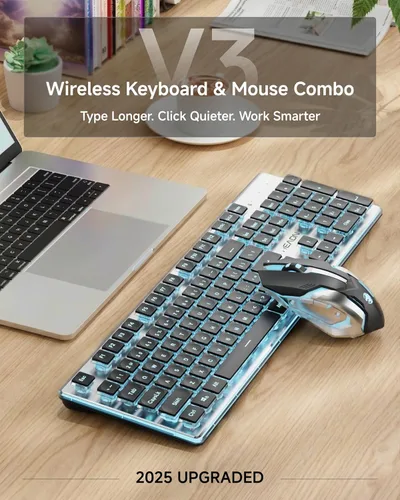Miniatura 8 de SEUNKWANG EWEADN V3 Combo de Teclado y Mouse Inalámbrico con Retroiluminación Azul, Panel Metálico, Teclado y Mouse de Computadora Recargable Negro