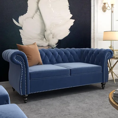 Miniatura 8 de QHITTY Juego de 2 piezas para sala de estar, Silla Sofá Seccional Chesterfield Contemporáneo Tapizado de Terciopelo Loveseat Juegos de Sofá para Azul
