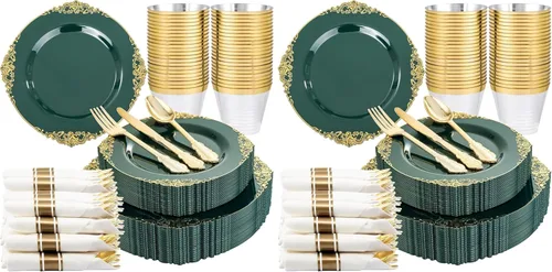 Miniatura 16 de Nervure 175 platos de plástico dorado transparente, platos desechables dorados para fiestas y servilletas preenrolladas con cubiertos para 25 Claro
