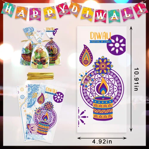 Miniatura 2 de 120 bolsas Diwali – 3 estilos de bolsas de celofán con lazos giratorios para regalos Diwali y decoración de fiestas Azul púrpura