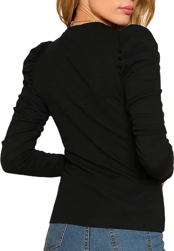 Miniatura 2 de Remidoo Camiseta de manga larga abombada con cuello redondo y ajuste entallado para mujer