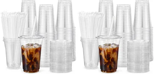 Miniatura 8 de VITEVER [100 juegos de 16 onzas] Vasos de plástico con tapas y pajitas, vasos desechables para café helado, batido, bebidas frías, transparente