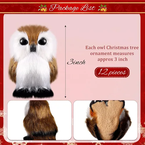 Miniatura 3 de Sratte Adorno navideño de búho peludo, lindo adorno de animal colgante para árbol de Navidad, fiesta de carnaval (marrón, 12 piezas)