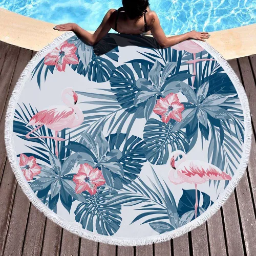 Toalla de playa redonda de gran tamaño, manta de hojas de palma, estilo tropical, estampado de flamenco, de microfibra, toalla redonda grande para