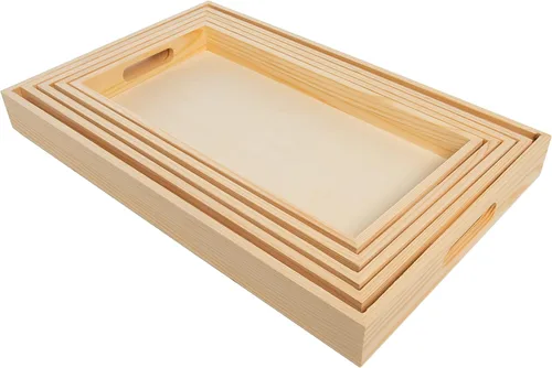 Miniatura 2 de Bandejas de madera anidadas para servir, bandejas rectangulares sin terminar con asas recortadas para manualidades, otomanos, servir y decoración