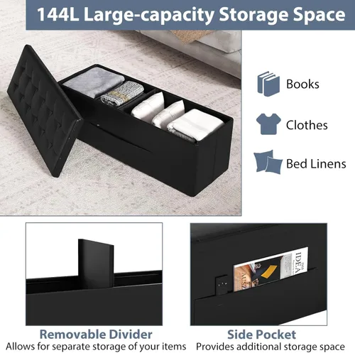 Miniatura 5 de Giantex Banco Otomano de Almacenamiento Plegable de 43 Pulgadas, Baúl de Almacenamiento Tapizado en Cuero PU con Bolsillo Lateral, Asiento