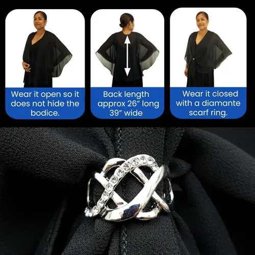 Miniatura 4 de eXcaped Conjunto de chal de noche para mujer y anillo de bufanda plateada, capa de gasa transparente