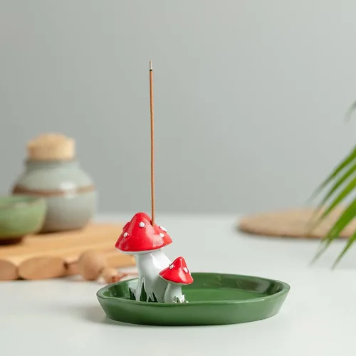 Miniatura 6 de Lindo soporte de incienso de hongos con 30 varillas de incienso, quemador de resina hecho a mano, bandeja de incienso con temática natural, Verde