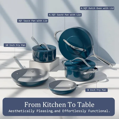 Miniatura 9 de CookinCraze Cacerola de cerámica antiadherente de 3.5QT con tapa, olla de sopa de 8 pulgadas, distribución uniforme del calor, olla de cocina Azul