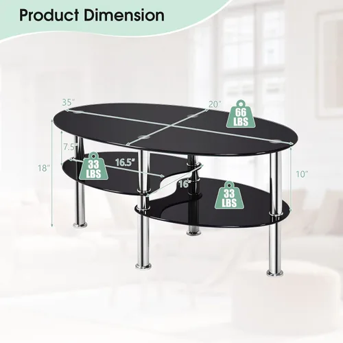 Miniatura 2 de COSTWAY Mesa auxiliar de cristal, mesa auxiliar de sofá de 3 niveles con patas de tubo de metal y estantes abiertos, moderna mesa auxiliar ovalada