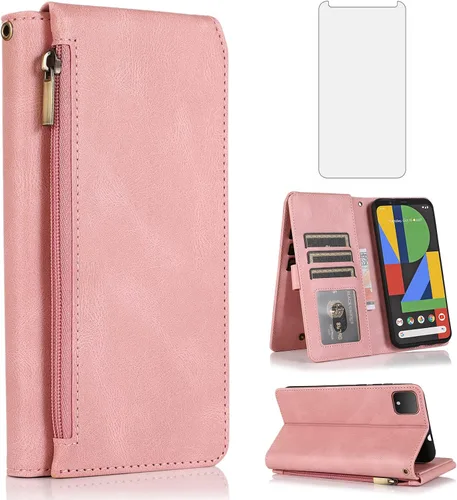 Asuwish Funda tipo cartera compatible con Google Pixel 4, protector de pantalla de vidrio templado y cremallera, de piel retro, soporte para