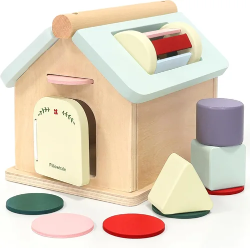 Miniatura 8 de Pillowhale Juego de juguetes de madera sensorial y educativo para niños pequeños de 1 a 3 años - Anillos para apilar, clasificador de formas, coche