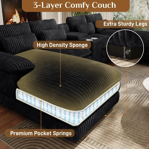 Miniatura 4 de Sofá seccional en forma de U de 132 pulgadas, mullido y afelpado de pana de 4 asientos, sofás seccionales color negro para sala de estar, cómodo