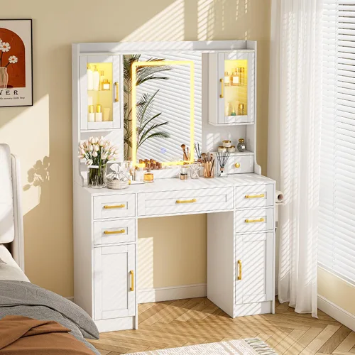 Tocador blanco con espejo y luces LED, juego grande de mesa de maquillaje con 2 gabinetes de exhibición, 6 cajones y 2 gabinetes de almacenamiento