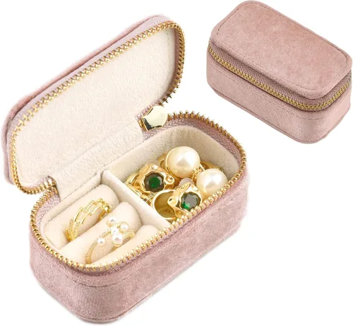 TAIMY Mini estuche de viaje de joyería, caja de joyería de viaje pequeña de terciopelo, caja organizadora de viaje portátil para anillos, aretes,