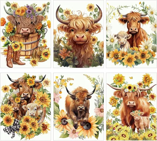 Harloon Paquete de 6 kits de arte de diamantes de vaca de las tierras altas para adultos principiantes vaca 5D primavera verano pintura de diamantes