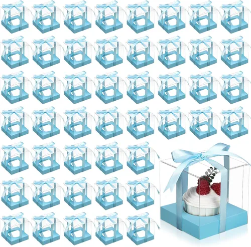 Miniatura 11 de Thenshop 50 cajas transparentes para cupcakes individuales de 3.5 pulgadas, contenedores de plástico individuales para cupcakes con insertos y Blanco