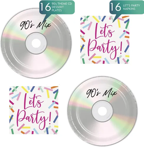 Miniatura 2 de Suministros para fiestas de los 90 – Platos redondos de postre de papel con CD de los años 90 y servilletas de confeti "Let's Party