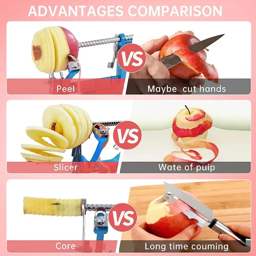 Miniatura 7 de Pelador de manzanas, cortador de patatas 3 en 1, acero inoxidable resistente con base de ventosa (azul)