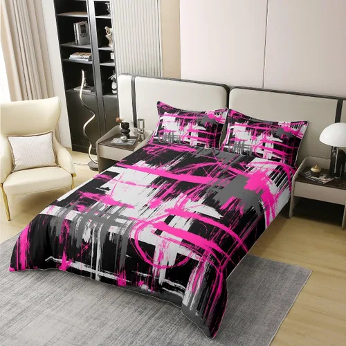 Miniatura 2 de jejeloiu Juego de ropa de cama de color rosa intenso, negro y gris, tamaño individual, juego de funda de edredón de arte abstracto para niños, funda