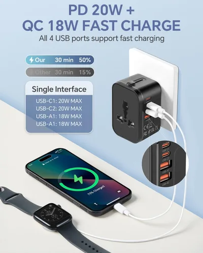 Miniatura 4 de Adaptador de viaje, VCOO Universal todo en uno Todo el Mundo Viaje Adaptador de alimentación, Negro