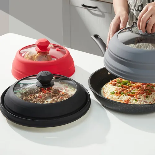Miniatura 6 de Cubierta para salpicaduras de microondas, tapa protectora de salpicaduras de vidrio ventilado con silicona plegable para alimentos como placa