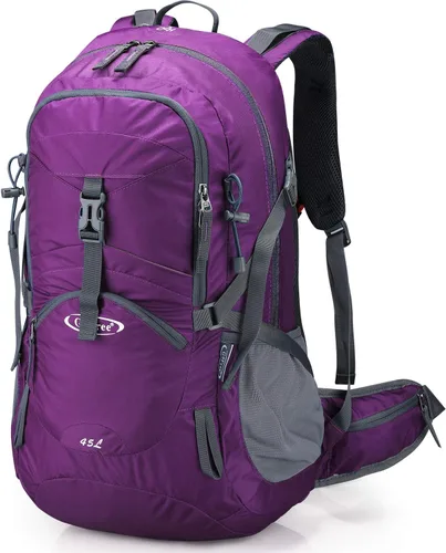 G4Free Mochilas de senderismo de 45L con cubierta de lluvia, mochila de trekking impermeable, mochila de viaje, campamento al aire libre, Púrpura
