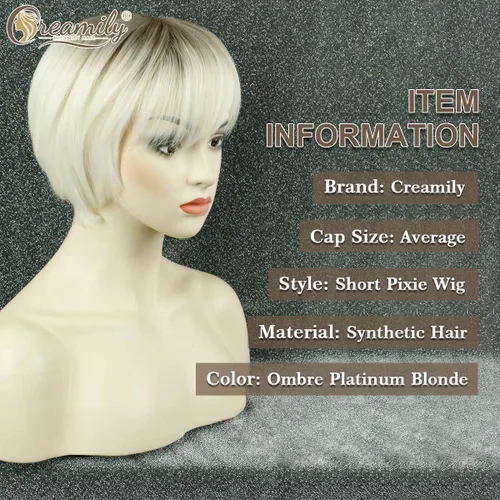 Miniatura 5 de Creamily Peluca corta rubia de corte Pixie con flequillo para mujer, pelucas sintéticas en capas onduladas con raíces oscuras para mujer, peluca