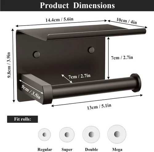 Miniatura 3 de Tindbea Soporte de papel higiénico con estante para teléfono, soporte de pared adhesivo o con tornillos, soporte de rollo de papel higiénico