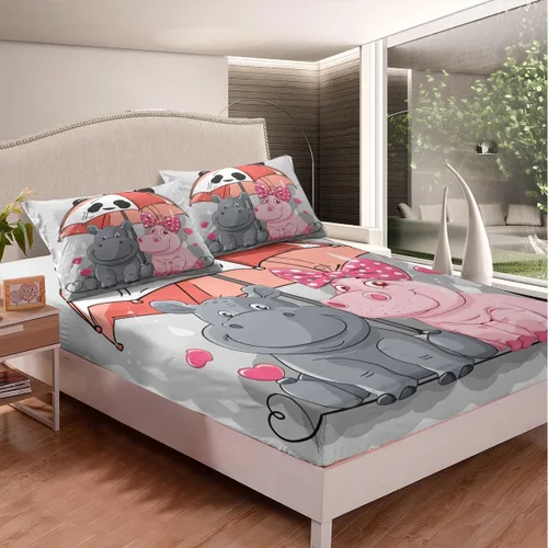 Miniatura 2 de Erosebridal Juego de ropa de cama de hipopótamo de dibujos animados Kawaii Panda Umbrella para niños y niños, lindas sábanas de cama para amantes