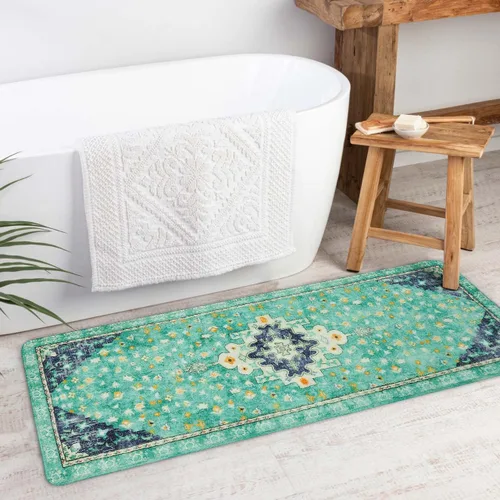 Miniatura 30 de Uphome Alfombra de baño vintage, azul, bohemio, antideslizante, oriental, suave, lavable a máquina, lindas alfombras de baño tribales florales