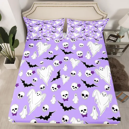 Miniatura 33 de Juego de ropa de cama de Halloween con patrón de sombras kawaii, sábana bajera tamaño queen, decoraciones de calabaza, luces de calabaza góticas