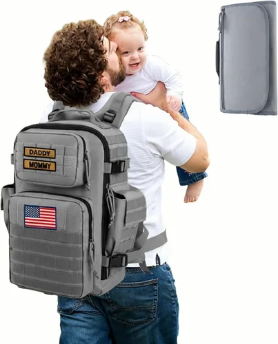 Miniatura 12 de SHARKMOUTH Bolsa de pañales militar para bebé, mochila grande para bebé con cambiador para niño y niña, bolsa de pañales para papá del ejército